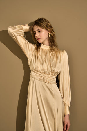 Satin Stand-Neck Long Dress <br> -Champagne-