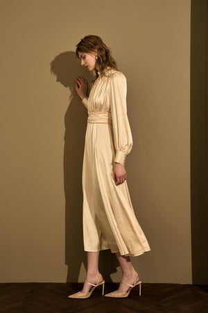 Satin Stand-Neck Long Dress <br> -Champagne-