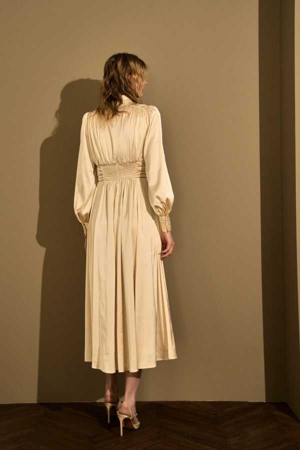 Satin Stand-Neck Long Dress <br> -Champagne-