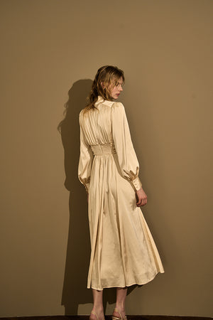 Satin Stand-Neck Long Dress <br> -Champagne-