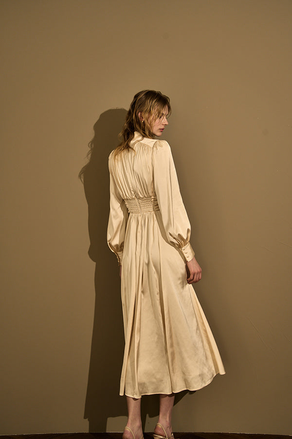 Satin Stand-Neck Long Dress <br> -Champagne-