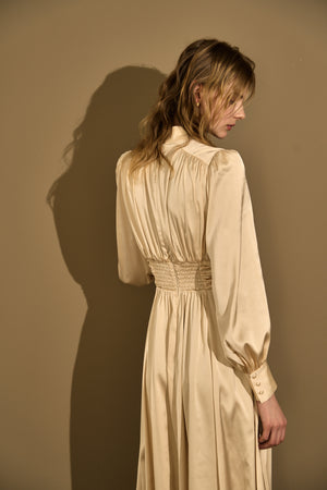 Satin Stand-Neck Long Dress <br> -Champagne-
