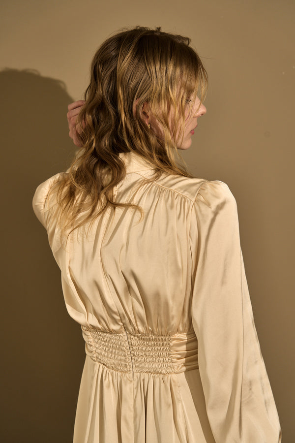 Satin Stand-Neck Long Dress <br> -Champagne-
