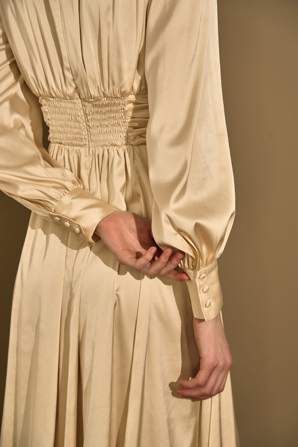 Satin Stand-Neck Long Dress <br> -Champagne-