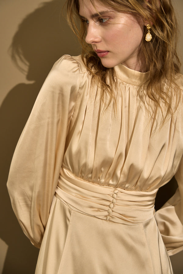 Satin Stand-Neck Long Dress <br> -Champagne-
