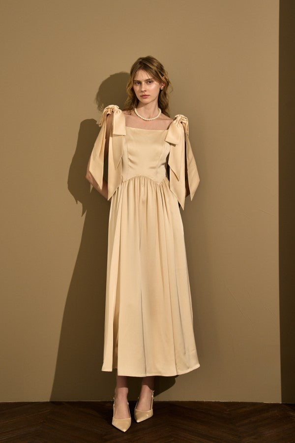Double-Shoulder Ribbon Dress <br> -Champagne-