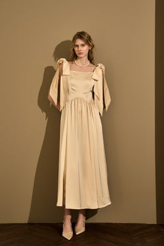 Double-Shoulder Ribbon Dress <br> -Champagne-