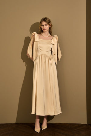 Double-Shoulder Ribbon Dress <br> -Champagne-