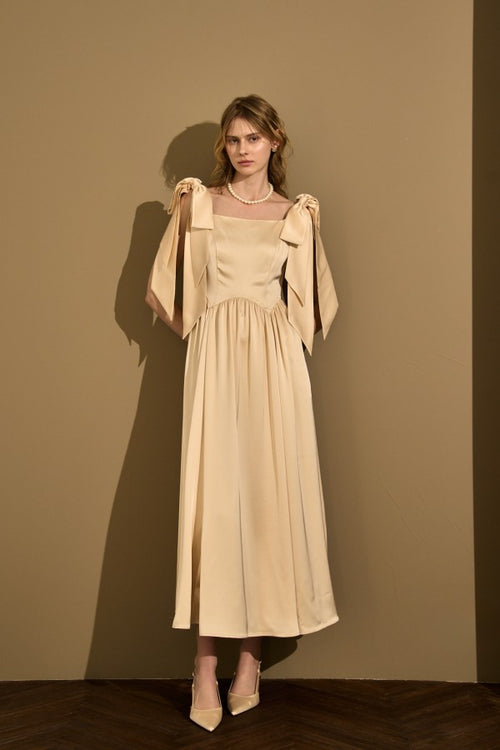 Double-Shoulder Ribbon Dress <br> -Champagne-