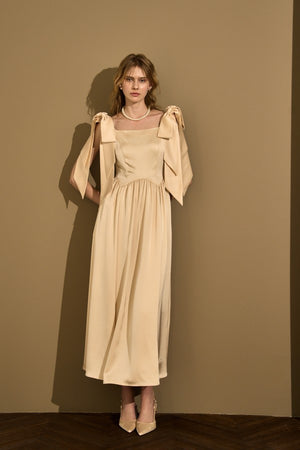 Double-Shoulder Ribbon Dress <br> -Champagne-
