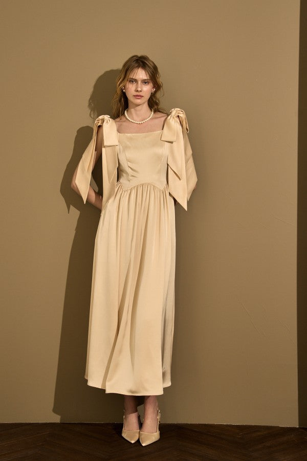 Double-Shoulder Ribbon Dress <br> -Champagne-