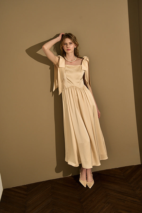 Double-Shoulder Ribbon Dress <br> -Champagne-