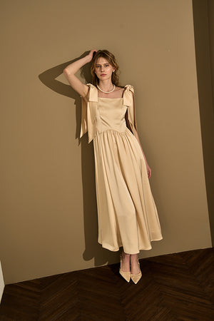 Double-Shoulder Ribbon Dress <br> -Champagne-