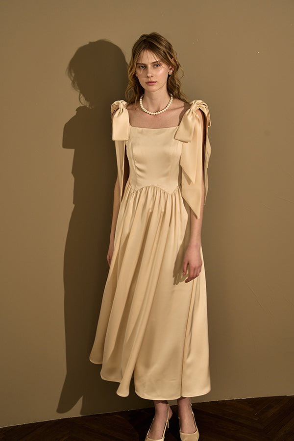 Double-Shoulder Ribbon Dress <br> -Champagne-