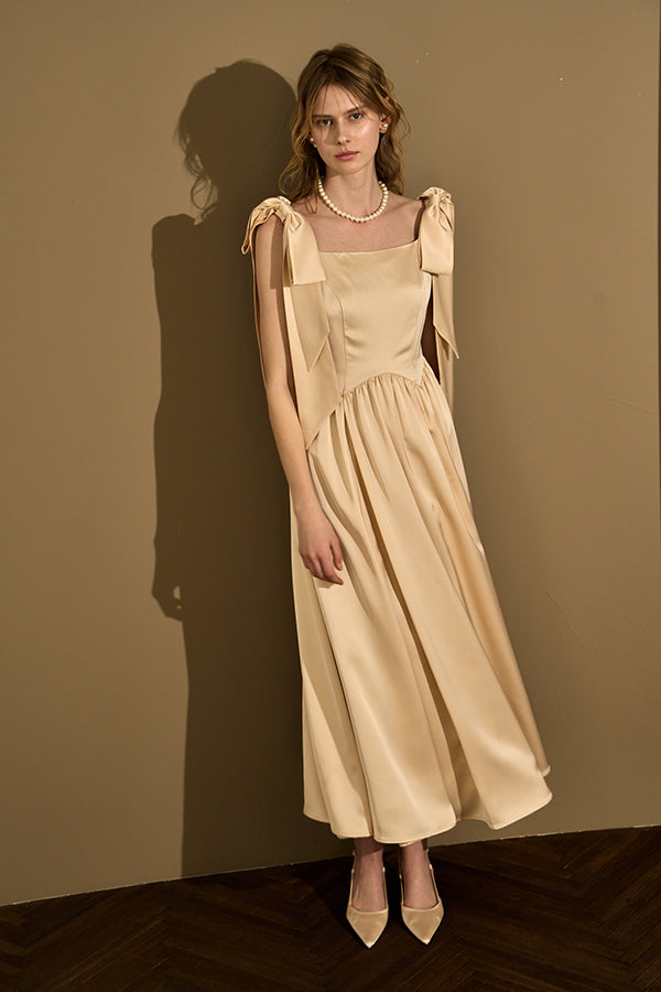 Double-Shoulder Ribbon Dress <br> -Champagne-