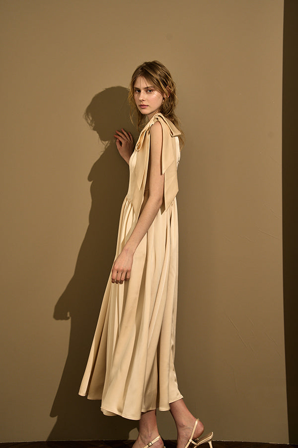 Double-Shoulder Ribbon Dress <br> -Champagne-