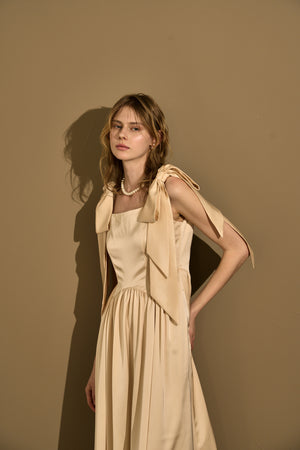 Double-Shoulder Ribbon Dress <br> -Champagne-