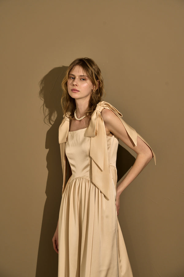Double-Shoulder Ribbon Dress <br> -Champagne-