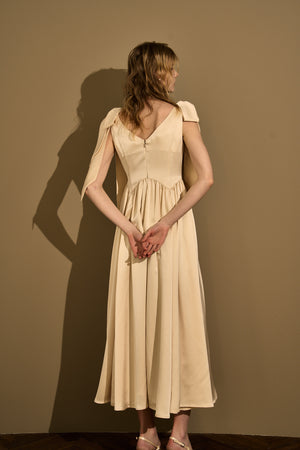 Double-Shoulder Ribbon Dress <br> -Champagne-