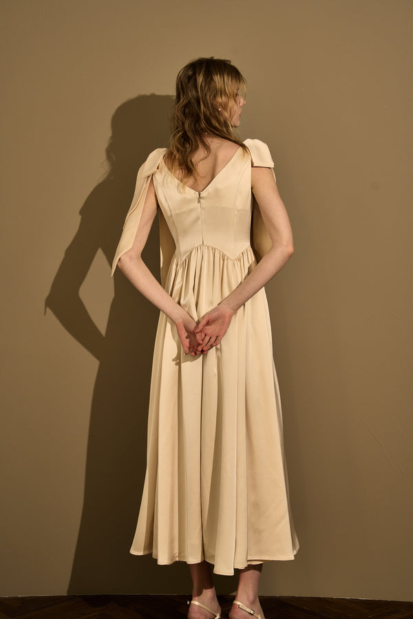 Double-Shoulder Ribbon Dress <br> -Champagne-