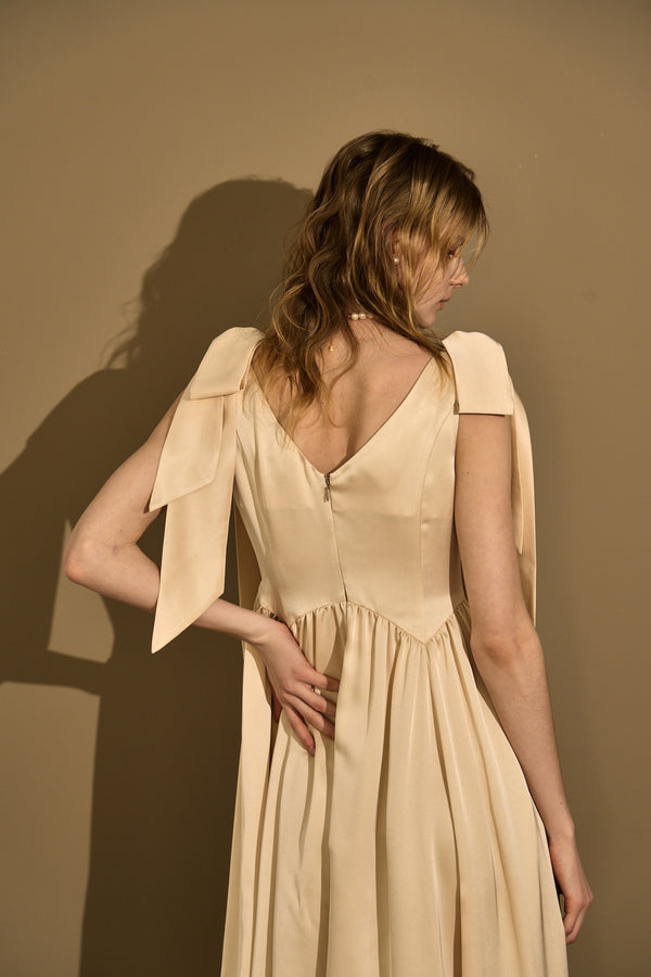 Double-Shoulder Ribbon Dress <br> -Champagne-