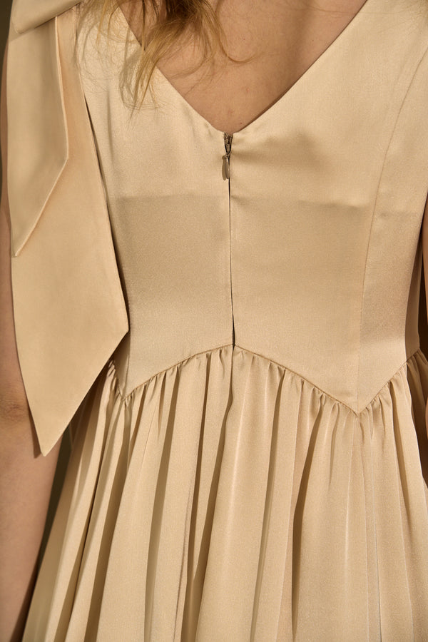 Double-Shoulder Ribbon Dress <br> -Champagne-