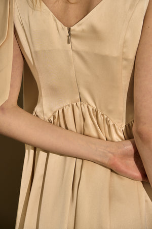 Double-Shoulder Ribbon Dress <br> -Champagne-