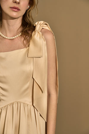 Double-Shoulder Ribbon Dress <br> -Champagne-
