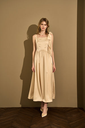 Double-Shoulder Ribbon Dress <br> -Champagne-