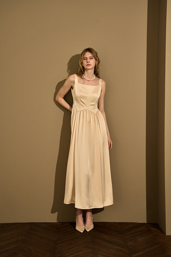 Double-Shoulder Ribbon Dress <br> -Champagne-