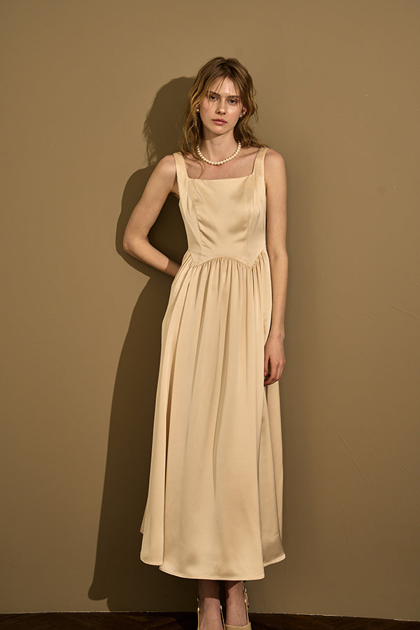 Double-Shoulder Ribbon Dress <br> -Champagne-