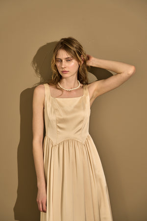 Double-Shoulder Ribbon Dress <br> -Champagne-