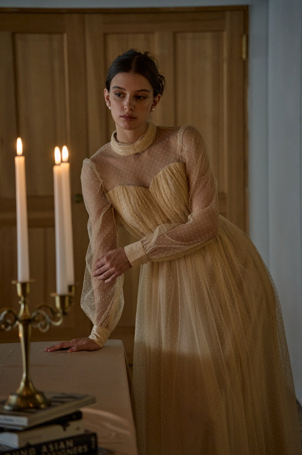 Flocked Tulle Lace Dress <br> -L.Beige-