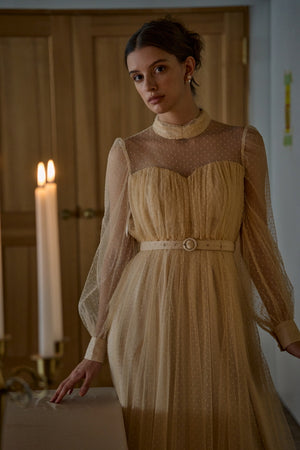 Flocked Tulle Lace Dress <br> -Light Beige-