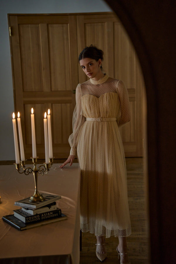 Flocked Tulle Lace Dress -L.Beige- – ERADIE