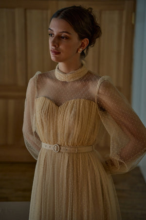 Flocked Tulle Lace Dress <br> -Light Beige-