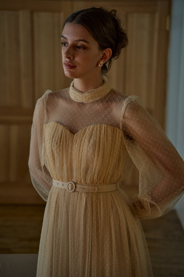 Flocked Tulle Lace Dress <br> -Light Beige-