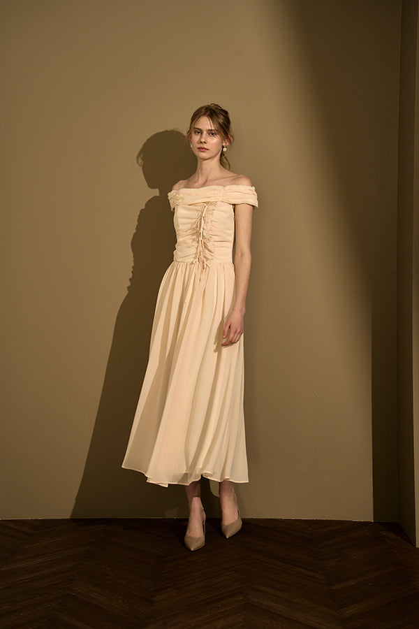 Asymmetric Off-Shoulder Drape One Piece<br> -Ecru-