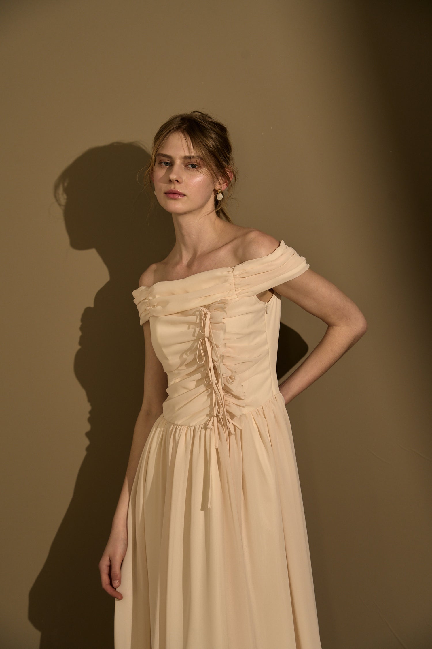 【Pre-order】 Asymmetric Off-Shoulder Drape One Piece<br> -Ecru-