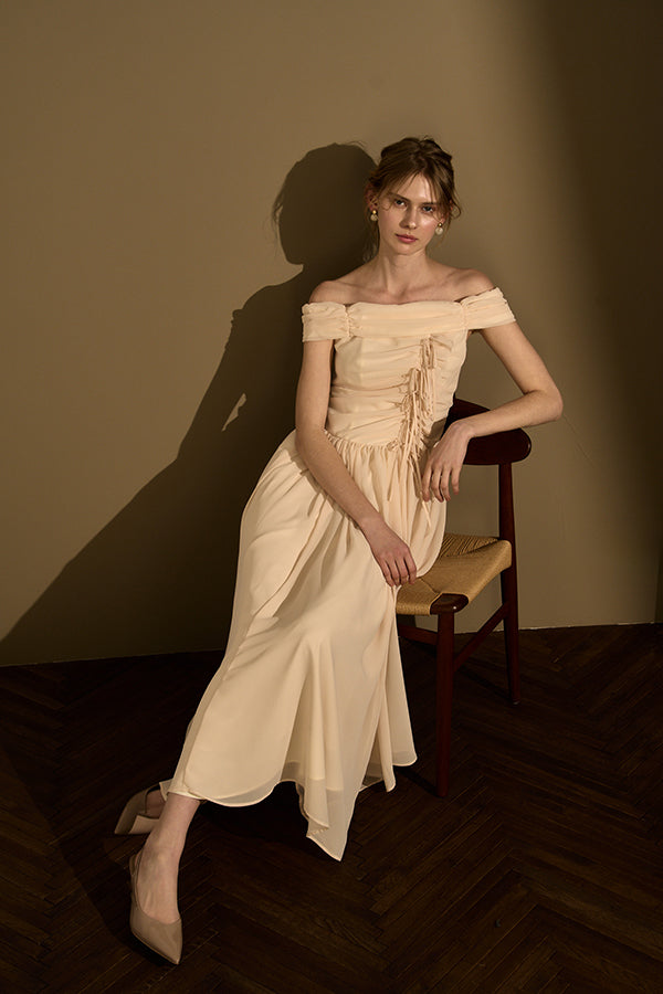 Asymmetric Off-Shoulder Drape One Piece<br> -Ecru-