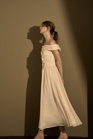Asymmetric Off-Shoulder Drape One Piece<br> -Ecru-