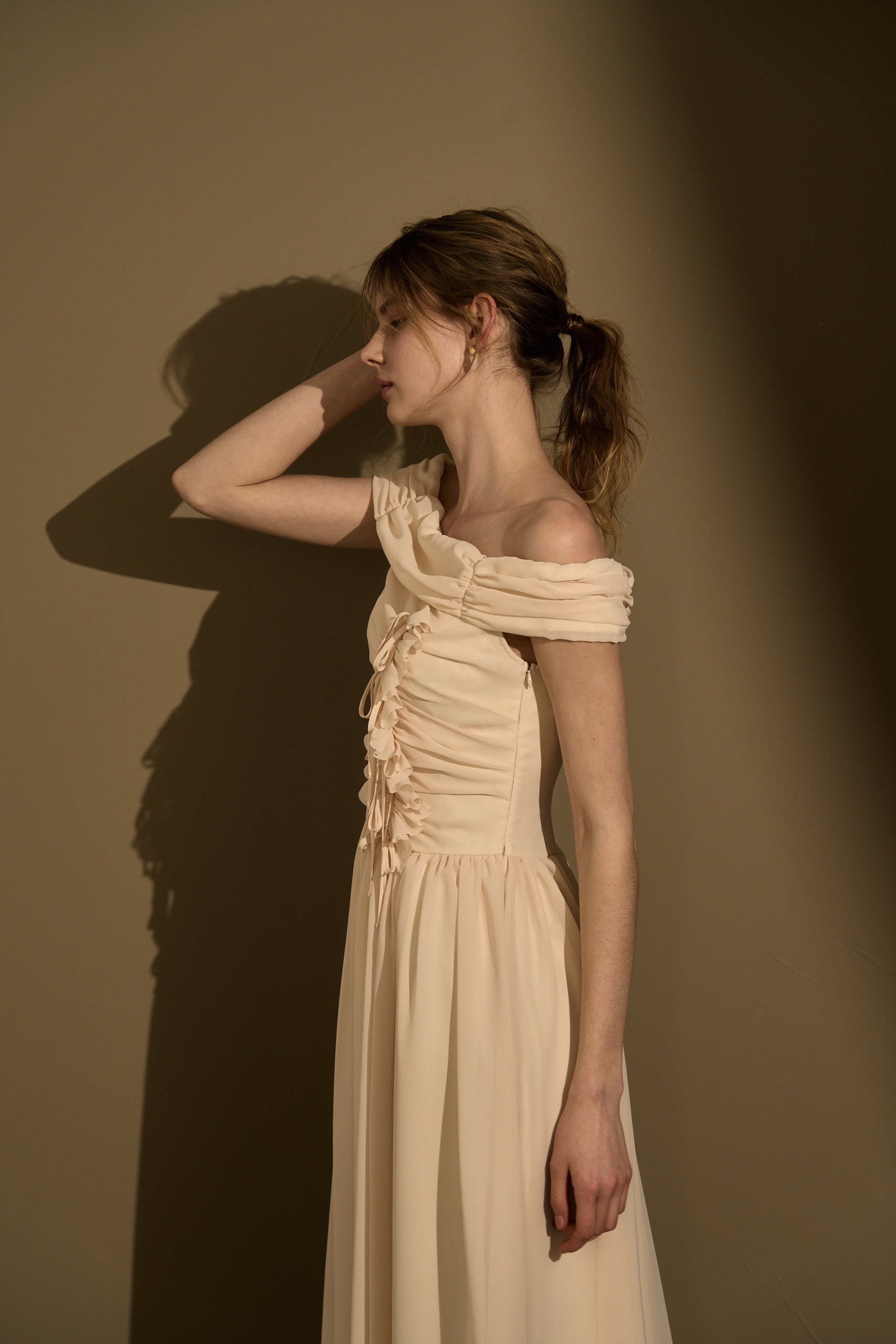 Asymmetric Off-Shoulder Drape One Piece -Ecru- – ERADIE