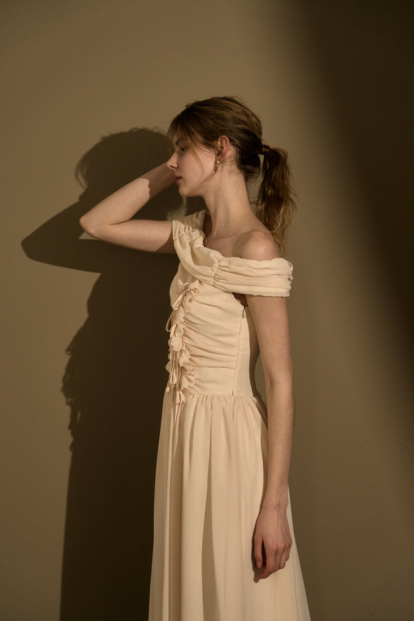 Asymmetric Off-Shoulder Drape One Piece<br> -Ecru-