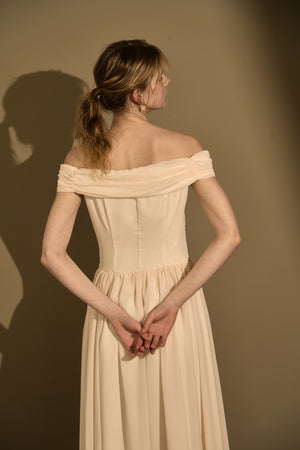 Asymmetric Off-Shoulder Drape One Piece<br> -Ecru-