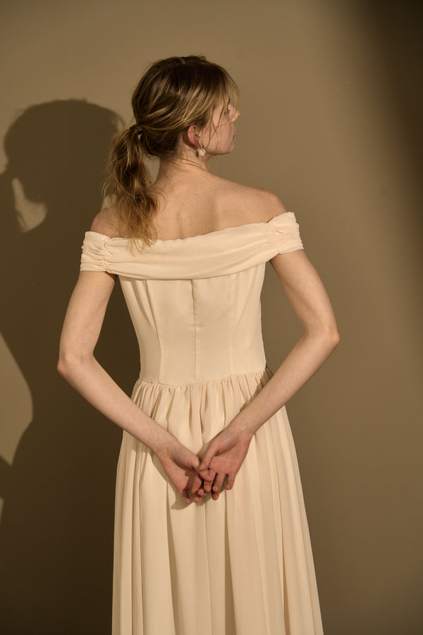 Asymmetric Off-Shoulder Drape One Piece<br> -Ecru-