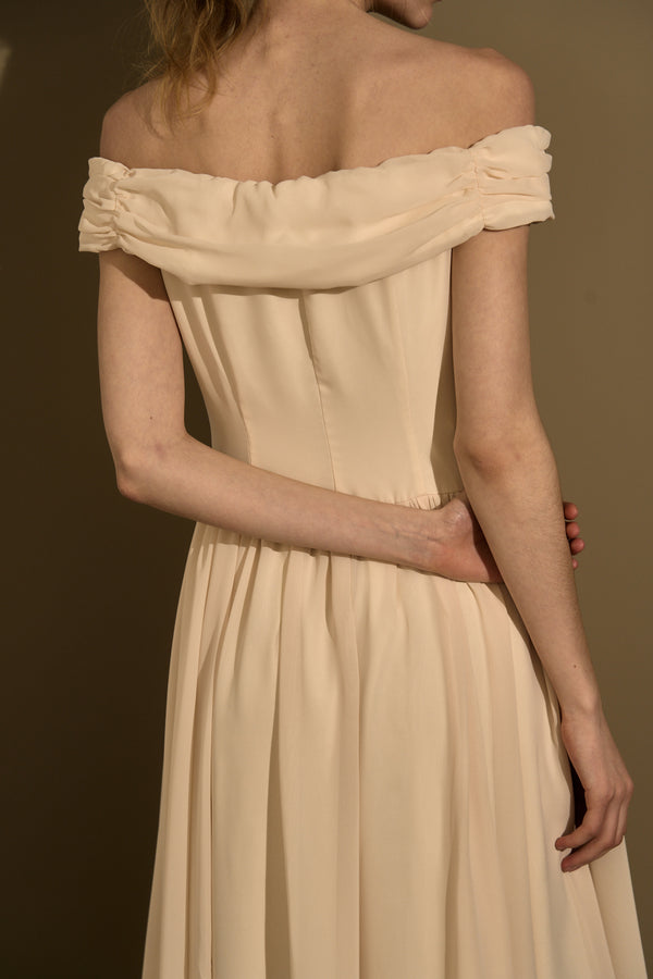 Asymmetric Off-Shoulder Drape One Piece<br> -Ecru-