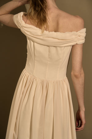 Asymmetric Off-Shoulder Drape One Piece<br> -Ecru-