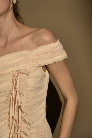 Asymmetric Off-Shoulder Drape One Piece<br> -Ecru-