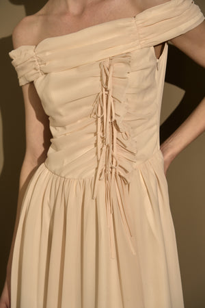 Asymmetric Off-Shoulder Drape One Piece<br> -Ecru-