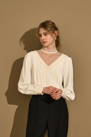Sheer Tucked Blouse <br> -Off white-